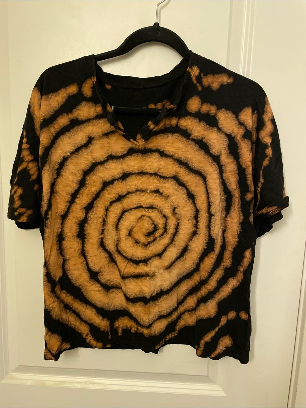 Black and Orange Spiral Tie-Dye V-Neck Women's Top